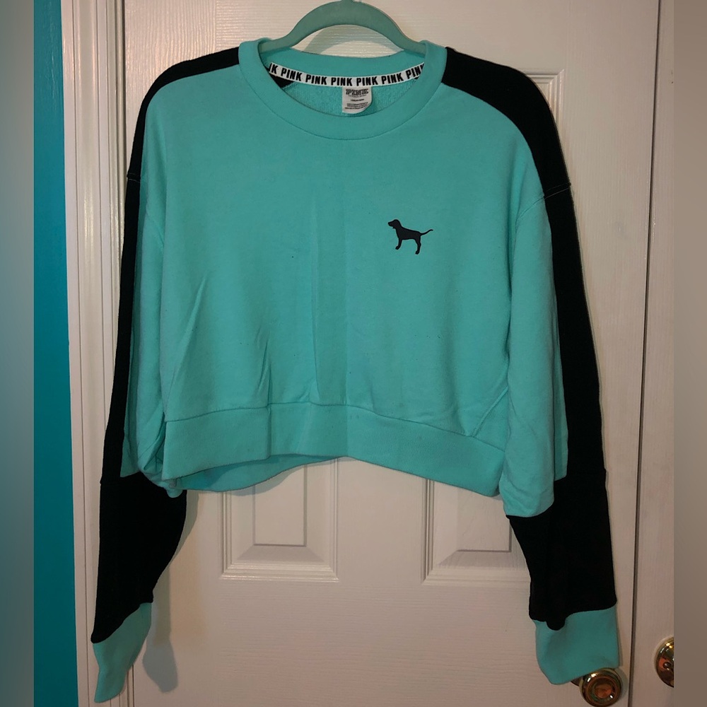 Victoria’s Secret PINK Cropped Sweatshirt, Size: L, Color: Bright Teal/Black